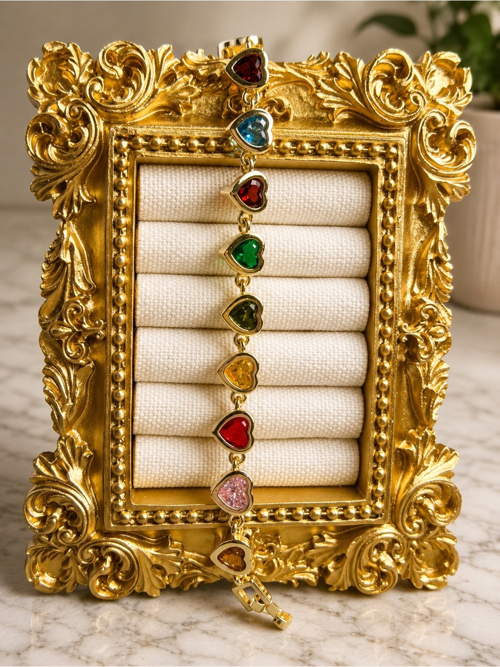14k Gold Plated Heart Gemstone 7”Bracelet - Multicolor